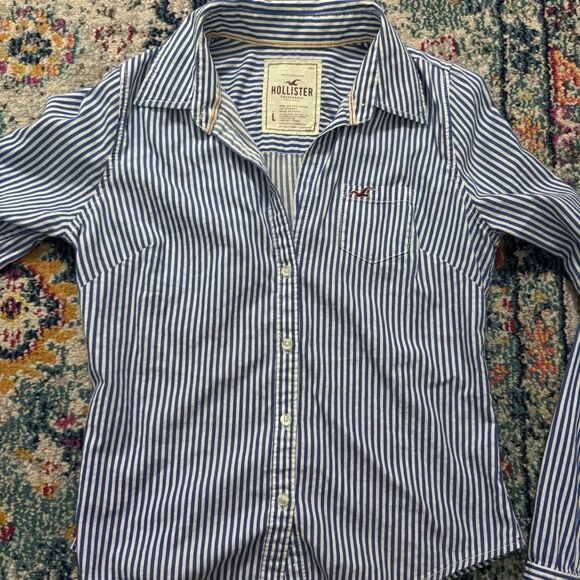 Hollister Button Down Long Sleeve Shirt Blue White Stripe Women’s Sz Large - Picture 3 of 8